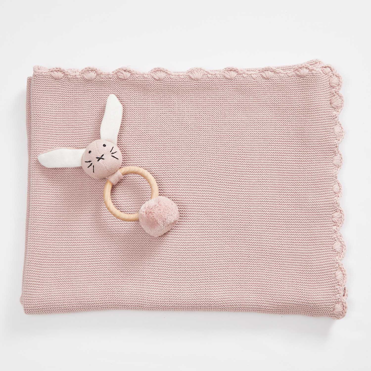 Pink Cotton Knitted Blanket + Rattle